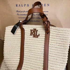 NWT Lauren Ralph Lauren Large Georgia straw leather Tote